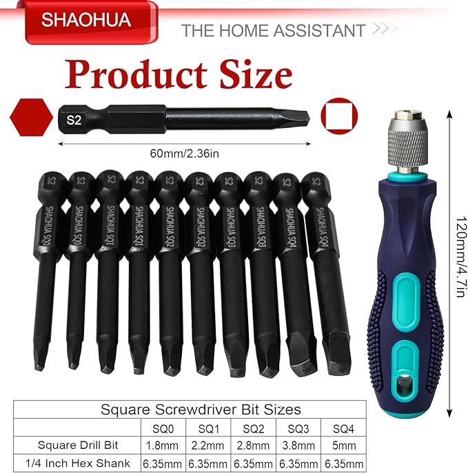 10PCS Square Drive Bits Set, 2.3" Long With 1/4 Inch Magnetic Bit Driver, S2 Steel Allen Wrench Drill Bits, Hex Head Drill Bit Set SQ#0, 1, 2, 3, and #4