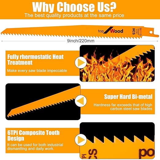 Lothee 100 Pack 6tpi Reciprocating Saw Blade Bulk Taper-Back Bi-Metal Saw Blades for Metal Woodcutting General Purpose Wood Cutting Pipe (9 Inch)