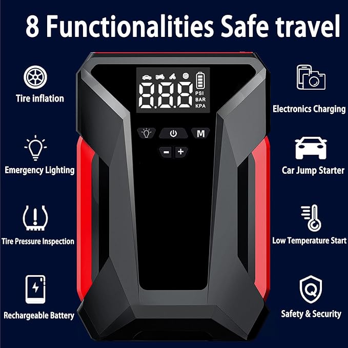 Car Jump Starter with Air Compressor, 4000A Portable Car Battery Jump Starter (8L Gas/6L Diesel), 12V Battery Charger Booster,150PSI Auto-Shutoff Tire Inflator, Portable Jumper Cables