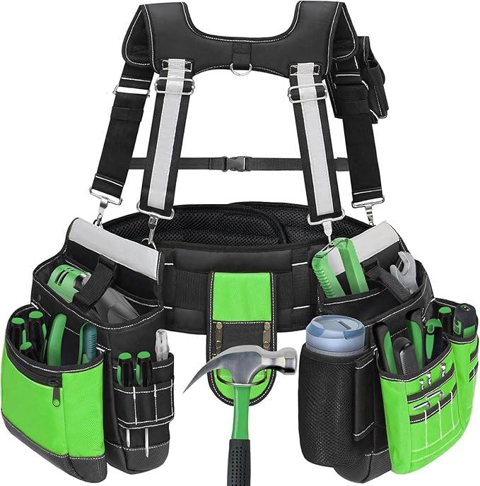 Tool Belt with Suspenders for Men, Heavy Duty Construction Tool Belt with 32 Pockets, 1680D Material, Reflective Strips for Safety, HVAC Toolbelt for Men