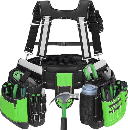 Tool Belt with Suspenders for Men, Heavy Duty Construction Tool Belt with 32 Pockets, 1680D Material, Reflective Strips for Safety, HVAC Toolbelt for Men