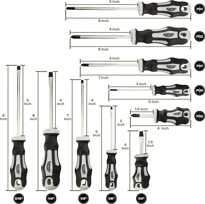 Blackout XP 10-Piece Slotted & Phillips Screwdriver Set Plus Zippered Carrying Bag | Precision Magnetic Screwdriver Tool Set, Black (10 Piece)