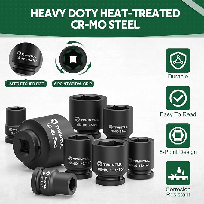 3/4 Inch Drive Impact Socket Set, 6-Point Design, CR-MO Steel, 30 PCS Large Impact Socket Set, SAE (11/16??to 2?? and Metric (17mm to 60mm), Rugged Construction, Heavy Duty Impact Sockets