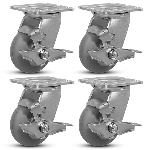 4 inch Thermoplastic Rubber Wheels (Crown Tread)- Casters Set of 4 Heavy Duty - 1400 LB Capacity- Caster Wheels for Furniture Platform Trucks (4 Pack Brake)