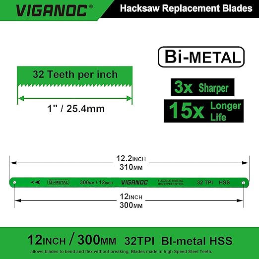 12" Hacksaw Replacement Blades, Bi-Metal High Speed Steel Hack Saw Blades - 32TPI HSS Saw Blades, 2 Pack