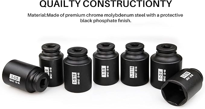 SEKETMAN 7Pcs 1/2" Drive Deep 6-Point Impact Socket Set/Spindle Nut Impact Socket Set, Inch, Cr-Mo,1-3/8-Inch - 1-3/4-Inch