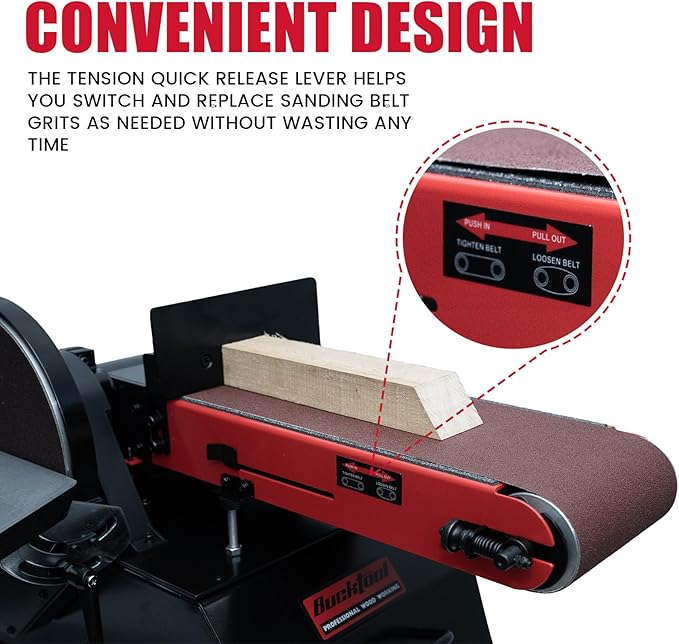 BUCKTOOL Powerful 1-1/2 HP Bench Belt Sander for Wood Working 6 in. x 48 in. Belt and 10 in. Disc Sander BD61000
