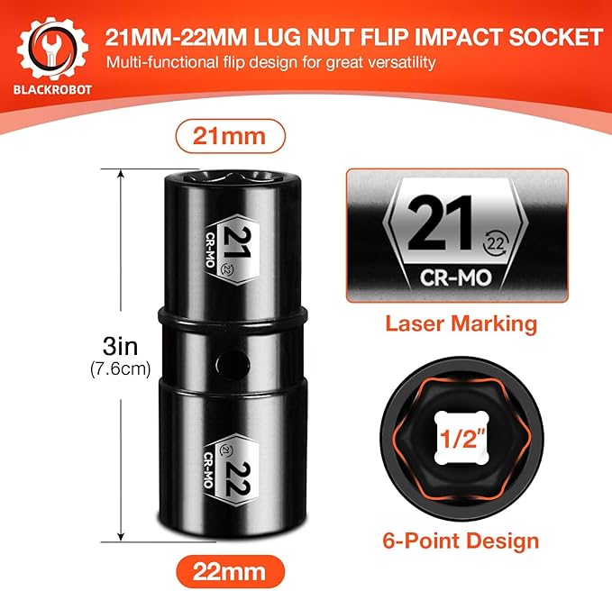 BLACKROBOT 1/2" Drive 21mm x 22mm Impact Lug Nut Socket, Thin Wall Socket Set, CR-MO, 6-Point, Electroplated Surface for Auto Repair