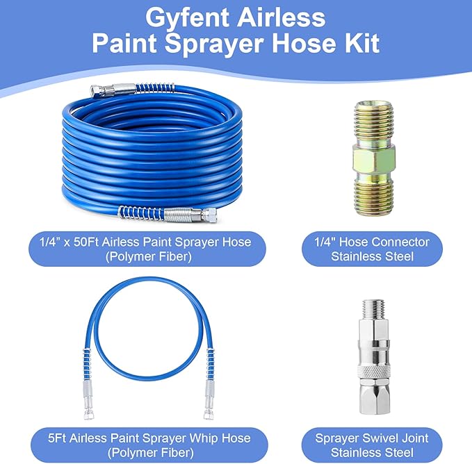 50Ft x 1/4" Airless Paint Sprayer Hose, 8500PSI High Pressure Airless Paint Spray Hose with 5Ft Whip Hose & 1/4" Hose Connector & Sprayer Swivel Joint for Airless Spraying Machine