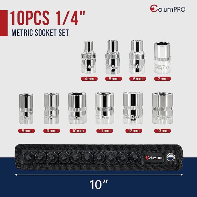 10PCS 1/4??Drive Standard Socket Set with Organizer Holder, Metric (4-13mm) 6 Point CR-V Steel Shallow Socket Set with Quick-Lock & Hanging Bracket for DIY, Repair & Mechanics