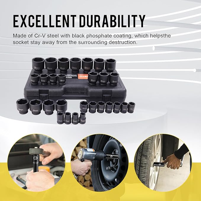 29-Piece 3/4" Drive Impact Socket Set, SAE 3/4" to 2-1/2", 6-Point Design, Rugged Construction, with Heavy-Duty Storage Case ??Ideal for Auto Repair & Household Use