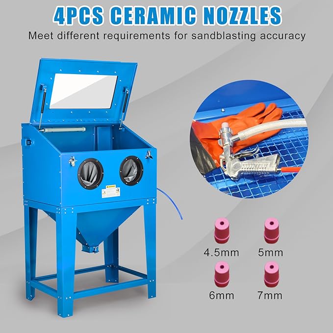 90 Gallon Sandblasting Cabinet,40-80PSI Sand Blasting Cabinet with Glass Viewing Windows/LED Light, Heavy Duty Sand Blaster with 4 Nozzles & Blasting Gun for Paint, Rust Removal Blue