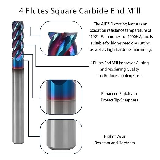 5/16" 4 Flute Square End Mill, AITiSiN Coated, HRC65 Hardness for Stainless Steel, Cast Iron, Hardened Steel, 13/16" Cutting Length, 2-1/2" Overall Length