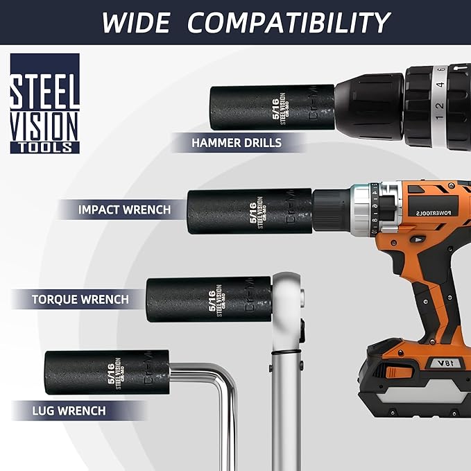 Steel Vision 12 pc 3/8 in Drive SAE (5/16 to 1 Inch) Impact Deep Socket Set, Chrome-Moly Steel, Laser-Etched Markings, Deep Well, Heavy Duty Sockets for Impact Wrenches