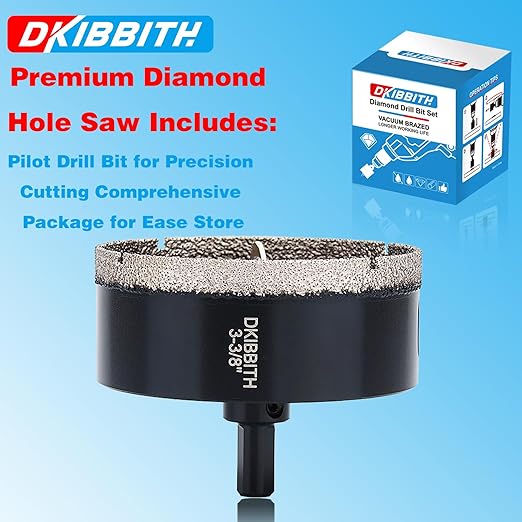 DKIBBITH 3-3/8" Diamond Hole-Saw Bits with Pilot Drill Bit - 3-3/8" Diamond Tipped Tile Hole Saws with Guiding Bit for Porcelain Tile Ceramic Pottery Granite Stone Glass Bottles 85mm.
