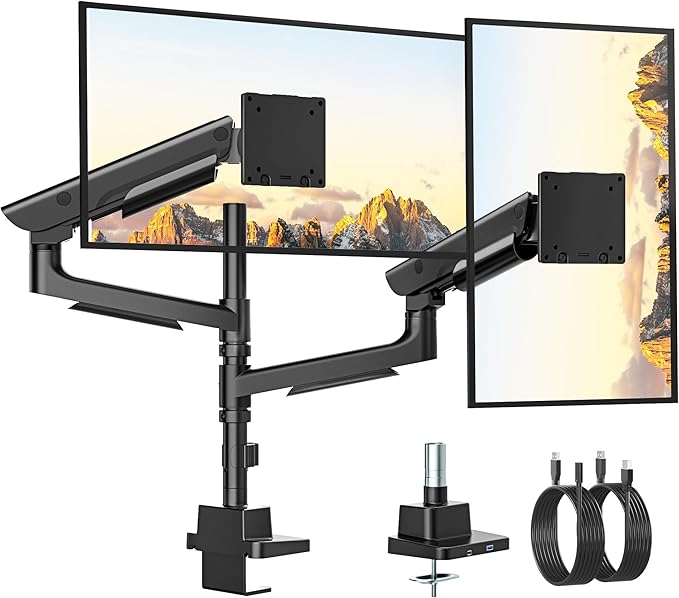 monTEK Sleek Aluminum Monitor Arm for 17??7??Ultrawide Screens up to 59.4 lbs, USB 3.0 A/C, Heavy Duty Dual Monitor Arm Desk Mount, Pneumatic Lift, Quick-Release Plate, Clamp/Grommet, Max VESA 100x100
