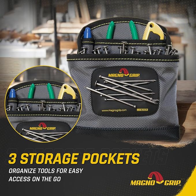 MagnoGrip 3-Pocket Nail Pouch with Integrated Magnetic Storage - Durable 1680D Ballistic Polyester, Magnetic Interior & Exterior, Tool Belt Compatible, Construction Pouch for Carpenters & DIY Projects