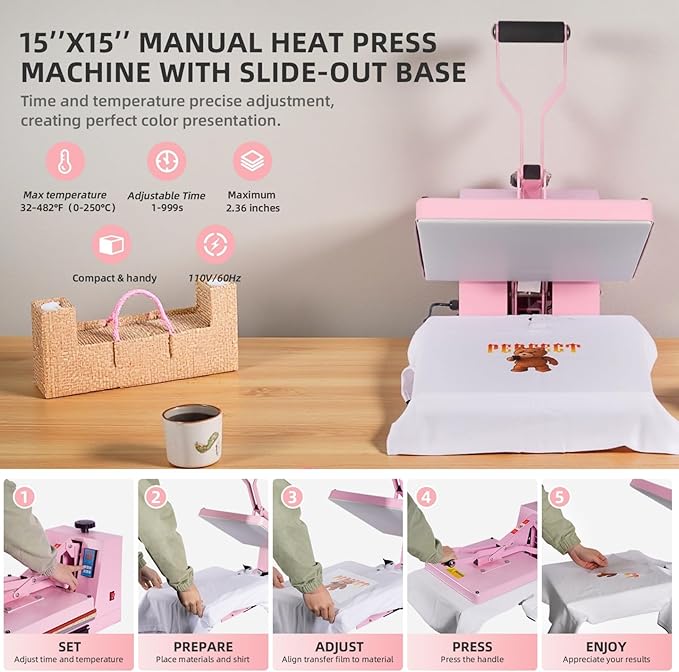 Heat Press 15x15 in, Manual Heat Press Machine for T Shirts, Swing Away T Shirt Pressing Machine for Garments Bag Textile Curtain Mousepad, with Slide-Out Base, Pink