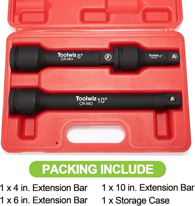 Toolwiz 3/4??Drive Impact Extension Bar 4?? 6?? 10??(3 Piece) Cr-Mo Steel, Expand the Range of Impact Drivers, Organized in PVC Box - Black 3/4 Ratchet Wrench Extension Bar Socket Set