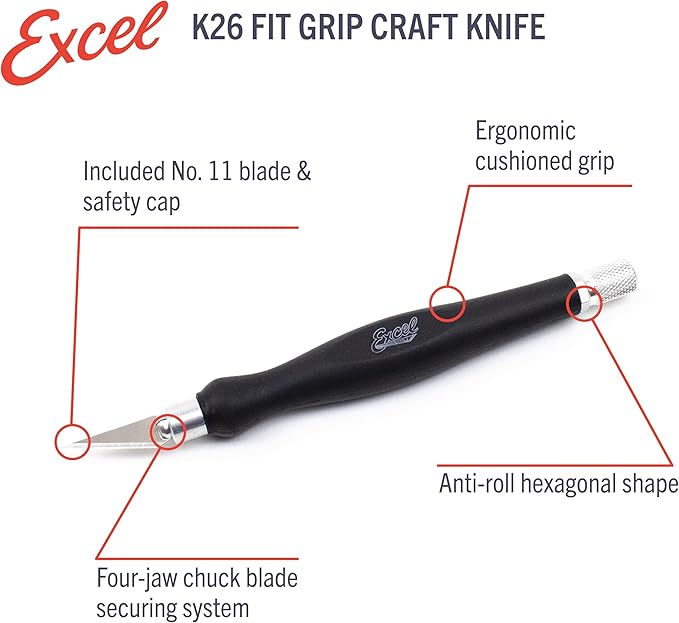 Excel Blades Fit Grip Craft Knife 3-Pack With #11 Ultra-Sharp Carbon Steel Angled Blade ??Precision Hobby Knife with Contoured Rubberized Grip for DIY, Art Crafts ??Assorted Colors, Made in the USA