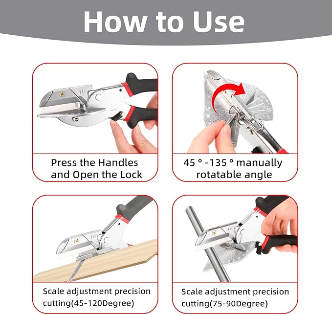 Multi Angle Miter Shears, Multifunctional Trunking Shears for Angular Cutting of Moulding and Trim, Adjustable at 45 to 135 Degree, Hand Tools for Cutting Soft Wood, Plastic, PVC