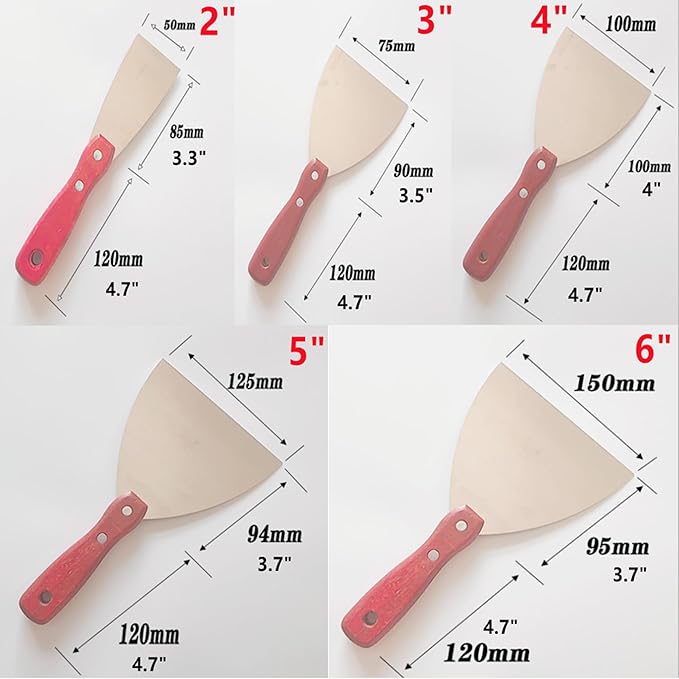 5Pcs Putty Knife Scrapers Stainless steel spatula Tool set竊똷ith a comfortable wooden handle竊똣or Scrapering,Drywall Repairs and Spreading竊똖aping Drywall Wall Painting (Mixed pack2",3",4",5",6")