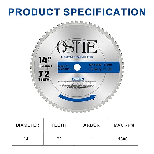 14-Inch Metal Steel Cutting Saw Blade, 14 Inch Chop Saw Blade 72-Tooth with Carbide Tipped Teeth, No Heat No Burrs No Sparks for Mild Steel for Cold Metal Cutting, 1 Pack