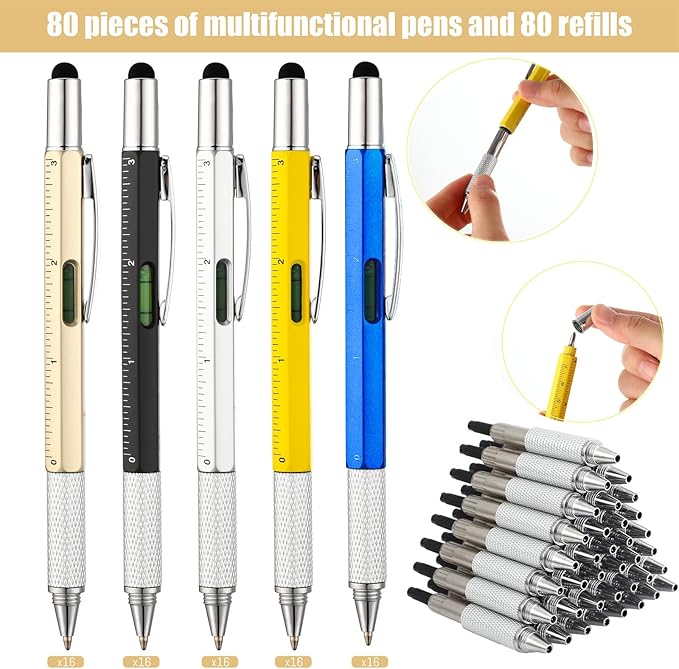 Yeaqee 80 Pcs Stocking Stuffers Bulk Gifts for Men 6 in 1 Party Favor Father's Christmas White Elephant Gifts Multi Tool Pens with Ruler, Level Gauge for Adult (Classic Color)