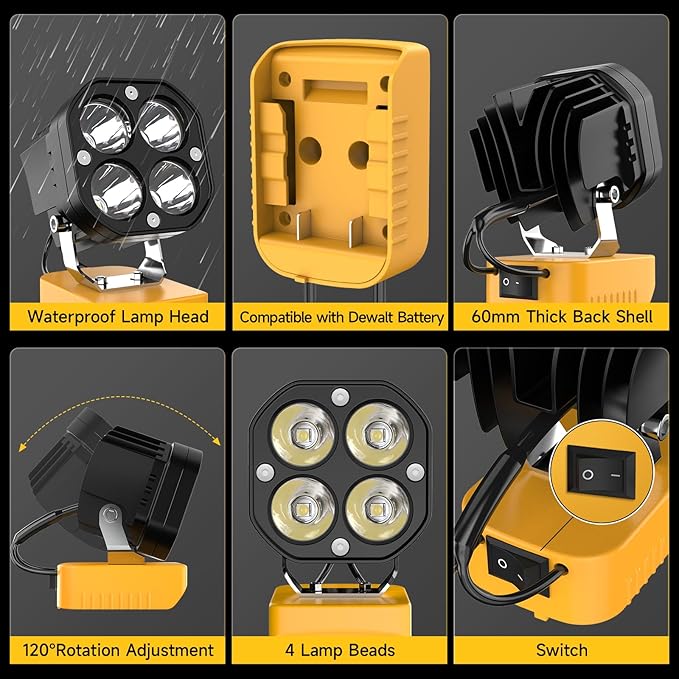 2 Packs LED Work Light Compatible with Dewalt 20V Battery, 40W 6000LM Flashlight, 20V Battery Cordless Work Light 120째Adjustable with Low Voltage Protection for Outdoors Job Site Lighting