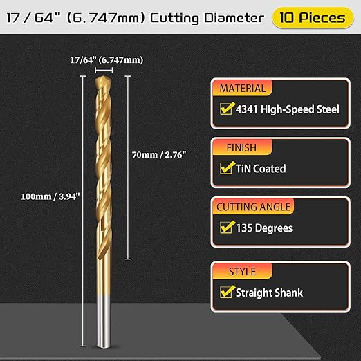 Drill Bit, 17/64" Cutting Diameter, 4341 HSS Jobber Bits TiN Coated 135° Cutting Angle - (Applications: for Drilling Soft Metal Plastic Wood), 10-Pieces