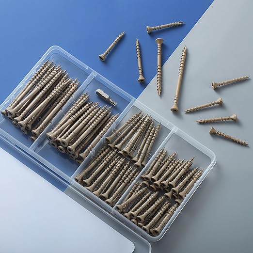 Deck Screws Assortment Kit 96 PCS, Exterior Wood Screws Flat Head Torx Drive Rust Resistant Epoxy Coated Reverse Upper Thread Trim Screw, #8 1-5/8" 2" #10 2-1/2" 3", Tan