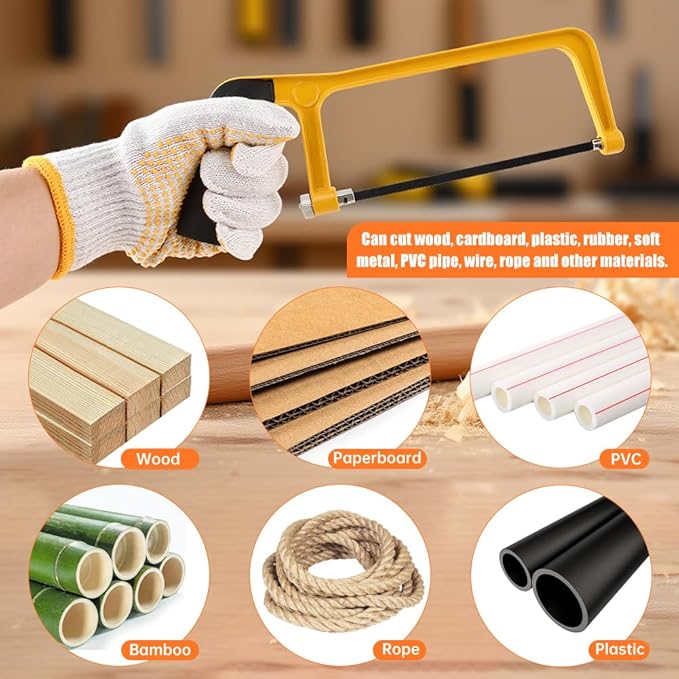 Mini Metal Mitre Box and Saw Set, 6 Inch Extra Fine Cut Hand Saw with 2 Hacksaw Replacement Blades & Gloves for Crafts, Hobby Projects, Cutting Wood, Soft Metal(COLOR:Yellow)