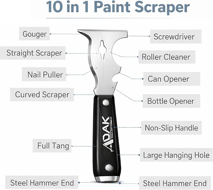 Adak 10-in-1 Paint Scraper and Painter?셲 Tool ??Multi-Purpose Painter?셲 Knife, Putty & Spackle Scraper for Wood, Metal & Wall Repairs ??Ideal for Painting, Cleaning & Finishing Jobs