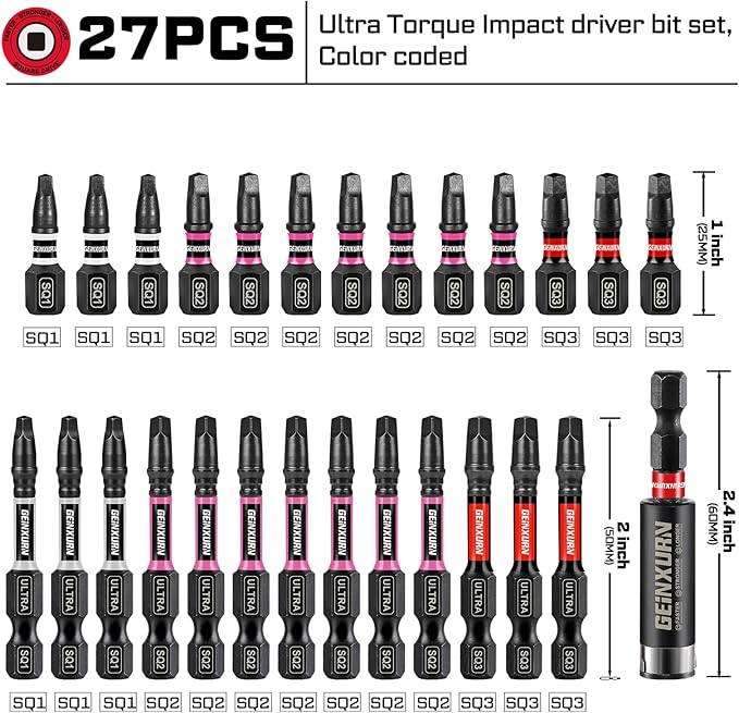 Impact #1#2#3 Square Screwdriver Bits Set, 26pcs 1??2??(SQ1/SQ2/SQ3) Magnetic S2 Steel Driver Bits Set and 1pc Impact Bit Holder with Color Coded Base