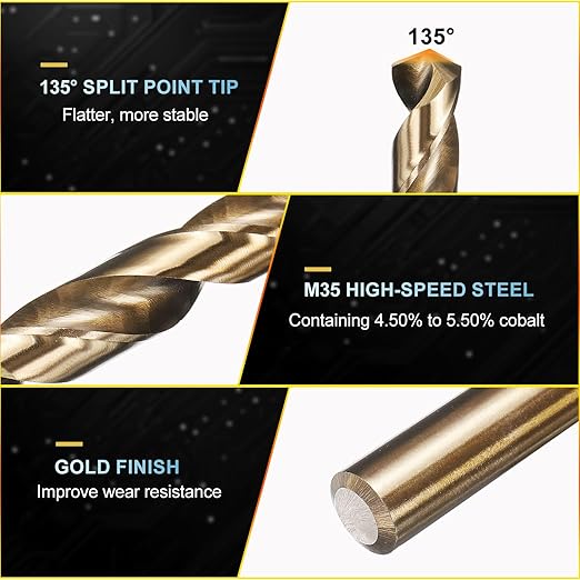 PATIKIL 17/64" Drill Bit, Jobber Straight Shank M35 Cobalt 5% High-Speed Steel 135째 Gold Finish for Stainless Steel Hard Metal - 5 Pack