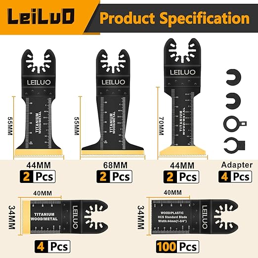LEILUO 110 Pcs Oscillating Tool Blades Titanium Extra Long & Wide Multitool Blades for Wood Drywall Nails with Storage Bag Universal Oscillating Saw Blade Fit DeWalt Makita and More