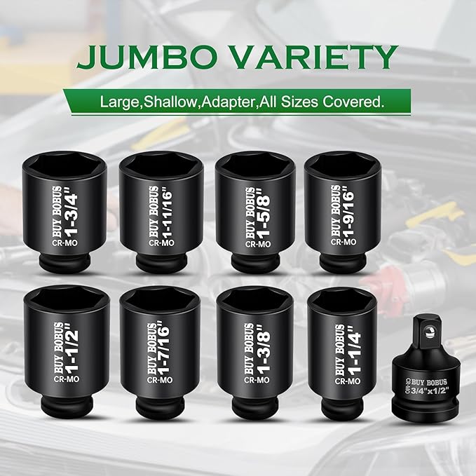1/2" Drive Impact Socket Set, 9-Piece Standard SAE Deep Axle Nut Sockets, 6-Point, Cr-Mo,1-1/4竊?-3/8竊?-7/16竊?-1/2竊?-9/16竊?-5/8竊?-11/16竊?-3/4, Impact Socket Adapter (3/4" x 1/2")