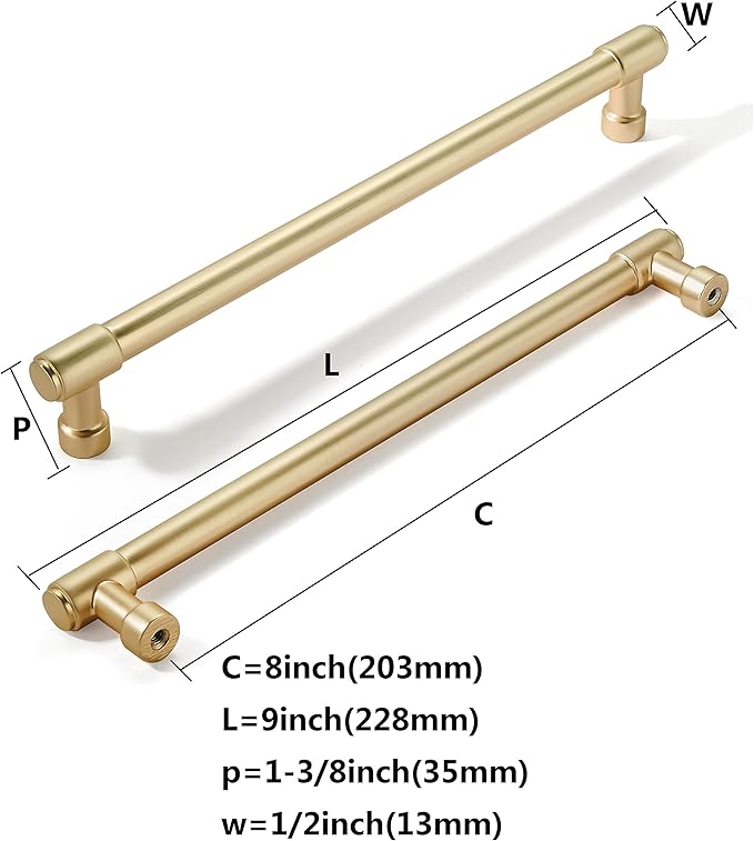 khtumeware 10 Pack Brushed Brass Cabinet Pulls 8 Inch(203mm) Hole Center Gold Drawer Pulls Cabinet Hardware Kitchen Cabinet Handles for Bathroom Dresser Pulls