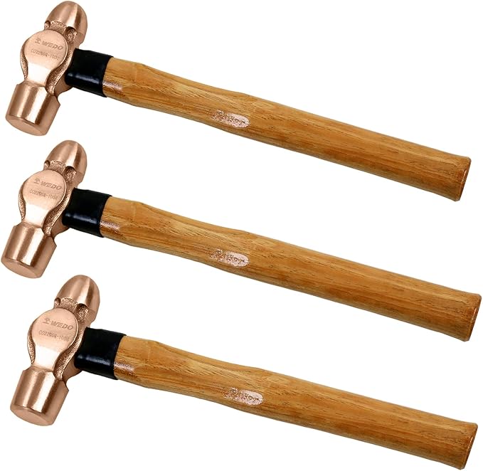 WEDO 3PCS Copper Ball Peen Hammer Set, 8 oz + 12 oz + 16 oz(1/2lb+3/4LB+1lb),Ball Pein Hammer with Wooden Handle, Die-Forged, Corrosion Resistant, DIN Standard