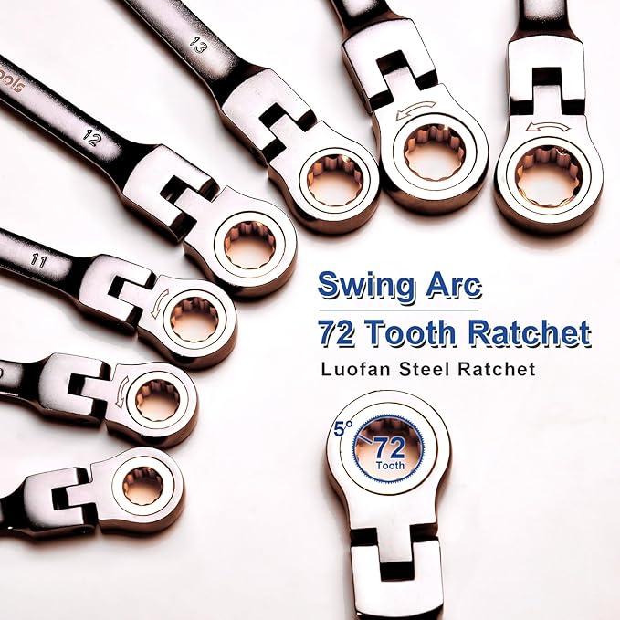 3/8 Inch Flex-Head Ratcheting Combination Wrench, SAE Standard, 72-Tooth 12-Point Ratchet Box End & Open-End Spanner, CR-V Steel, Nickel-Plated for Durability