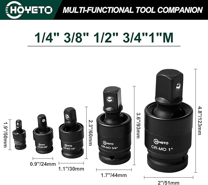 5-Piece Impact Swivel Socket Set (1/4" to 1"), Drive Swivel Socket Adapter Kit, Cr-Mo Steel Impact Adapter Set Flexible Socket Extension for Industrial Maintenance