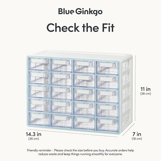 Blue Ginkgo Small 20-Drawer Cabinet ??Stackable Clear Organizer for Hardware, Beads, Plastic Bricks, Office, and Craft Storage (Made in Korea, Blue)