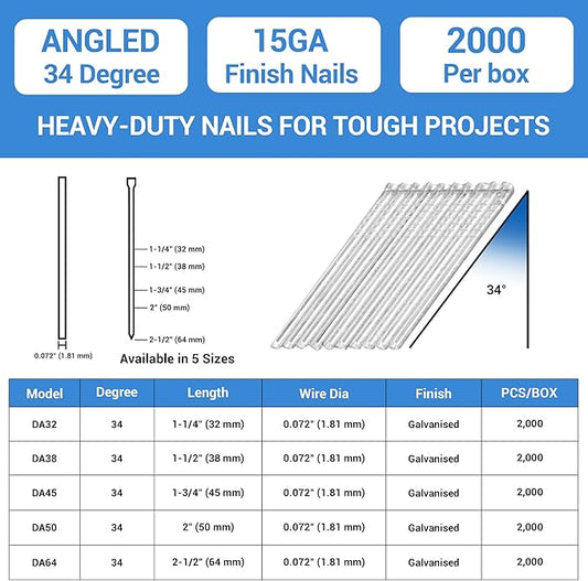 meite 15 Gauge 34 Degree Angled Finish Nails, 1-3/4 Inch Leg Galvanized No-rust Finishing Nails for Nailer Gun, Glue-Collated Trim Nails for Baseboard Crown Cabinet Window Molding, 2 Boxes x 2,000PCS