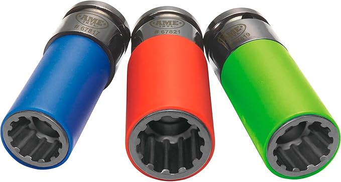 AME INTL 3 Piece SplinePlus Socket Set, 17mm, 19mm, 21mm,Blue, Red, Green,67800