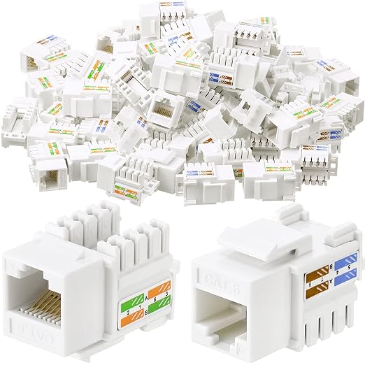 Hoteam 100 Pcs Cat6 Keystone Jacks, Rj45 Ethernet Modular Coupler Punch Down Insert, 90-Degree UTP Connector for Wall Plate, Panel and Surface Mount Box (White)