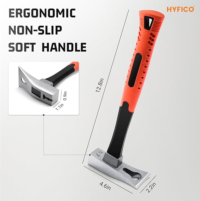 Pry Bar Hammer with Nail Puller - 12.5 Inch 18oz Demolition Tool for Trim, Tile, Baseboard Removal | Smooth Surface Shock-Absorbing Hand Tools