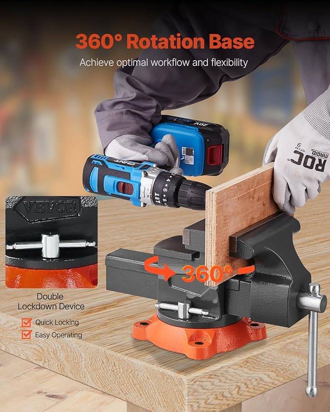 VEVOR Bench Vise, 5.5" Jaw Width, 5.5" Max Jaw Opening Multipurpose Vise with 360째 Swivel Locking Base, 2.8" Throat Depth, Heavy Duty Ductile Iron Workbench Vise, Two-Way Jaws for Clamping Round Pipes