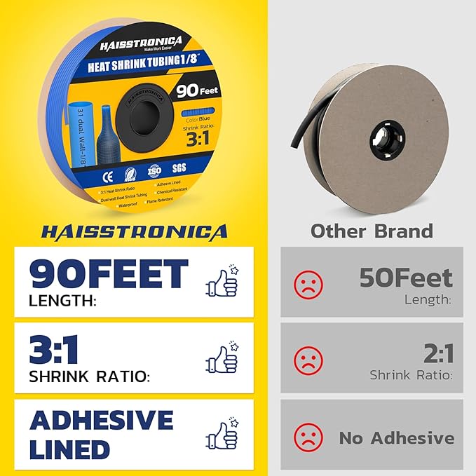haisstronica 3:1 Heat Shrink Tubing, Shrink Ratio Adhesive Lined Marine Grade Heat Shrink Tube for Home, Automotive and Industrial (Blue) 90FT 1/8inch