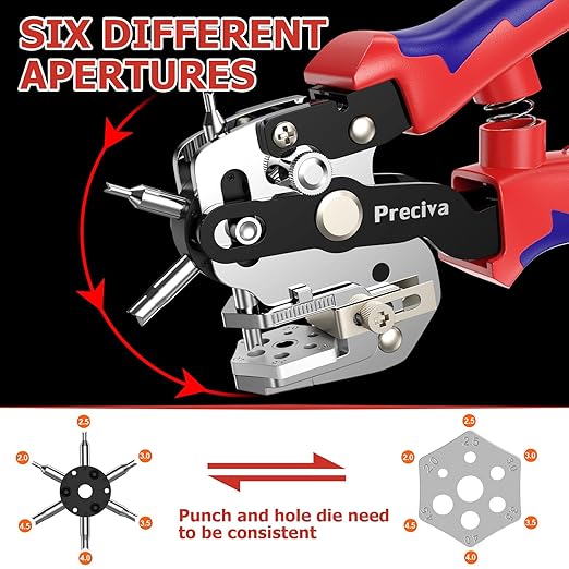 Preciva Hole Punch Plier, Revolving Punch Hole Tool with V-Shaped Cutting Edge Design, 6 Hole Sizes Used for Leather, Belts, Thin Iron Sheets, Paper Cards, Plastics, & Fabrics