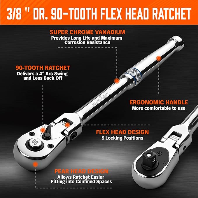 HORUSDY 3/8" Drive 90-Tooth Flex Head Ratchet Handle, 180째 Adjustable CR-V Ratchet with Quick Release & Reversible Switch, 4째 Swing Arc Socket Wrench for Automotive, Bike & DIY Repair